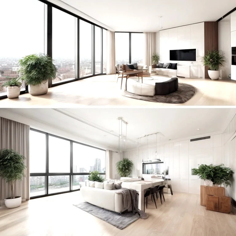 Luxury apartment interior with panoramic city view